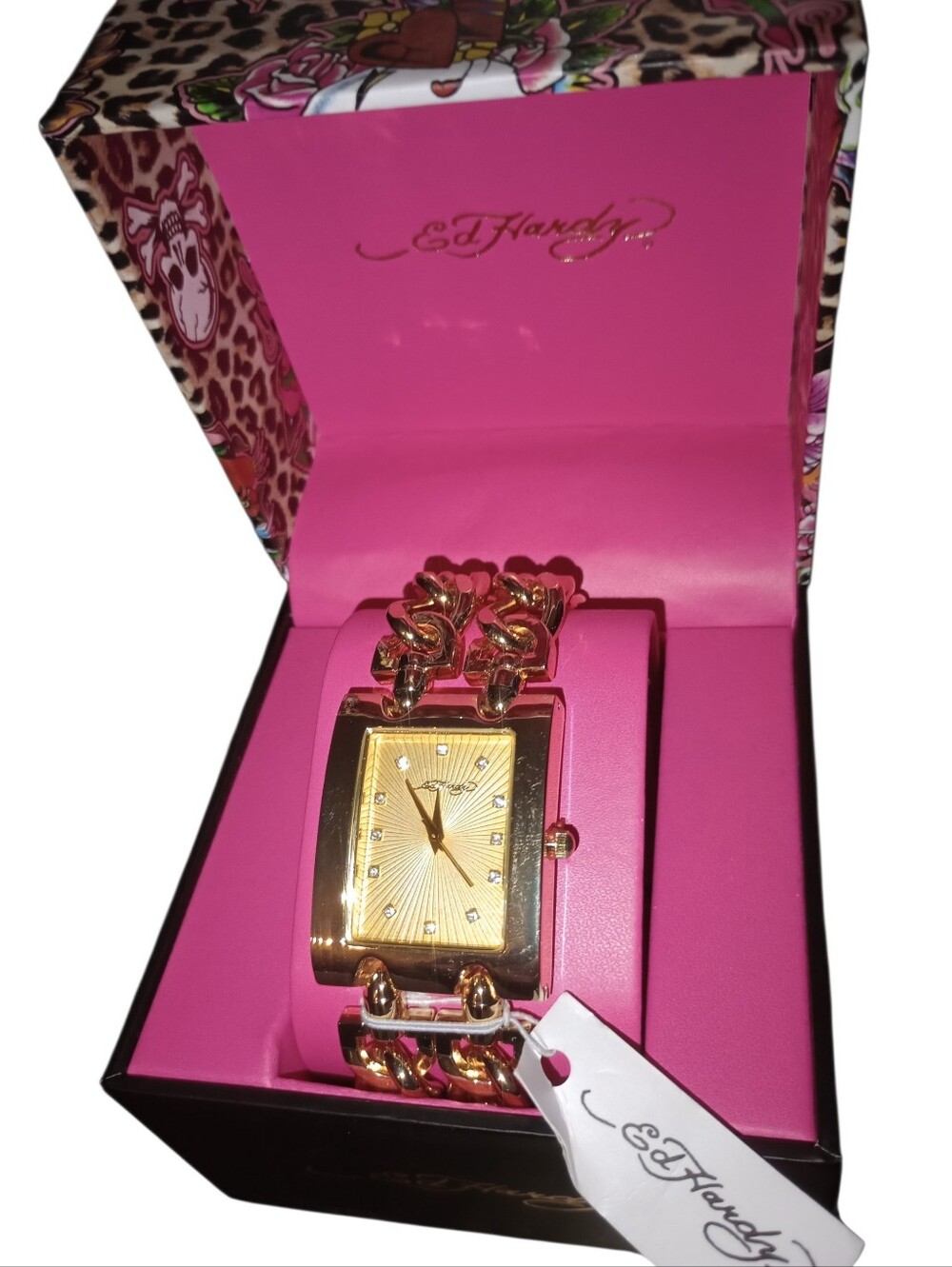 Ed Hardy Gold-Tone Chain Link Women's Watch with Rectangular Dial, Gift Box, NWT
